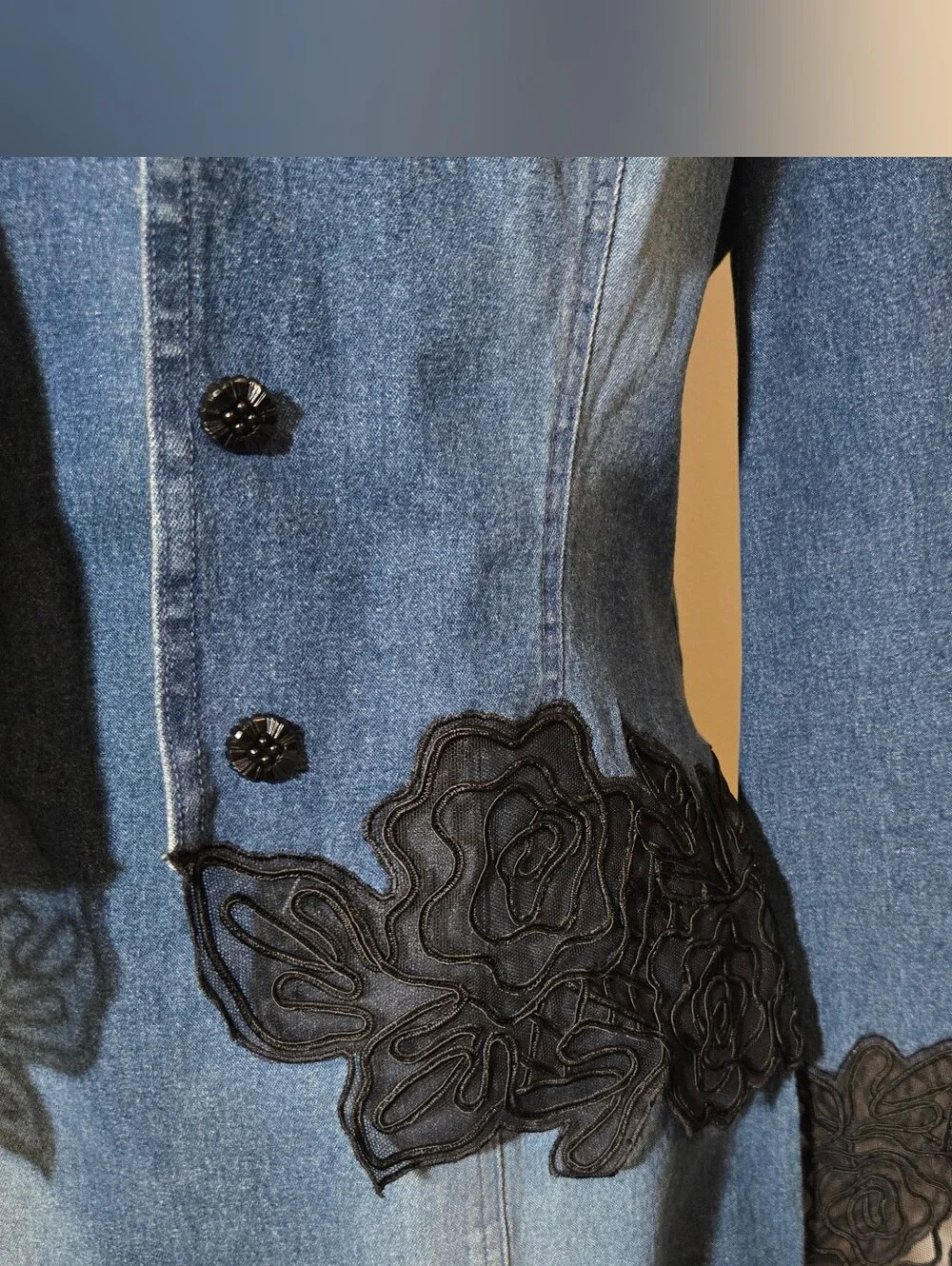 Basix II, Blue Denim Jacket & Skirt Set with Black Lace Trim